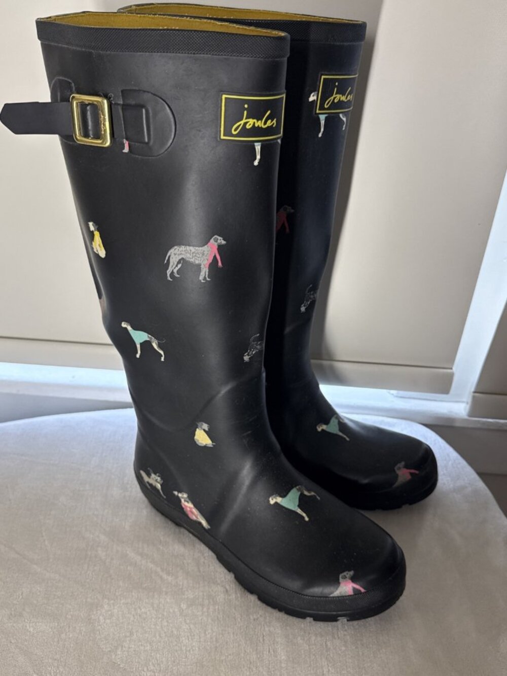 Stylish Rain Boot Joules Women's Welly Black Dogs Knee-High Rubber 8 US 6 UK